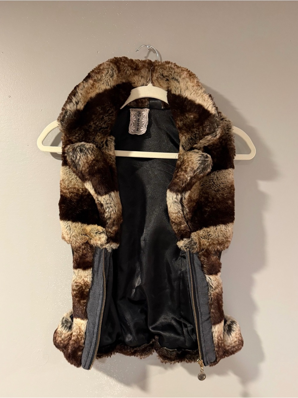 Guess Brown & Cream Faux Fur Hooded Vest